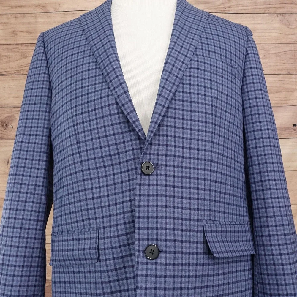 APT.9 Blazer Mens 40R Blue Plaid Polyester Viscose Stretch Sport Coat Jacket
